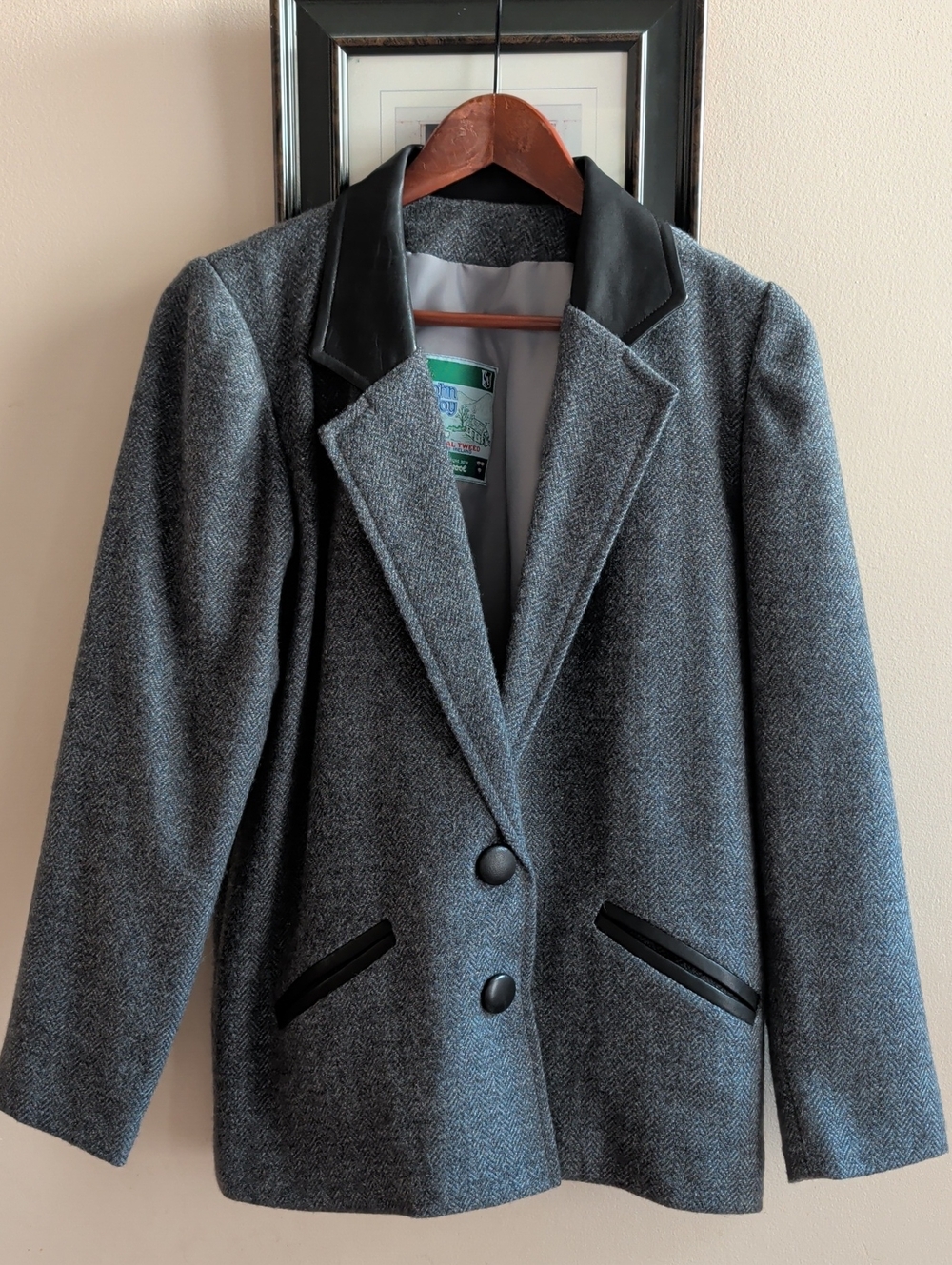 Vintage Gray Donegal Tweed Herringbone Blazer with Black Faux Leather Trim